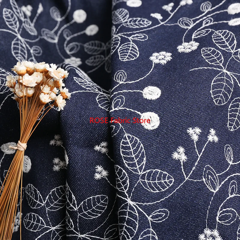 Floral Embroidery Denim Fabric for tops, table cover, costumes design,Fashion Sofa Cushion Decorative Japanese Style fabric