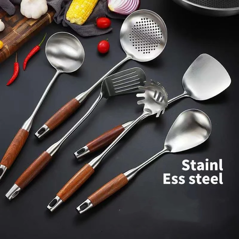 304 Stainless Steel Wok Spatula Rosewood Handle Kitchen Essentials Cooking Tools utensilio Accessories Slotted Turner Rice Spoon