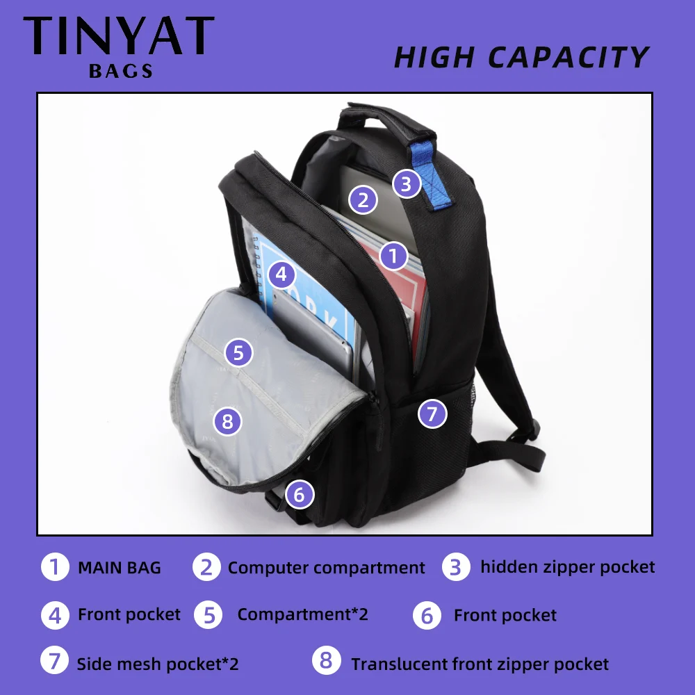 TINYAT Canvas Backpack Men Women Laptop Computer School Backpacks Waterproof Leisure For Teenage Travel Shoulder Book Bag