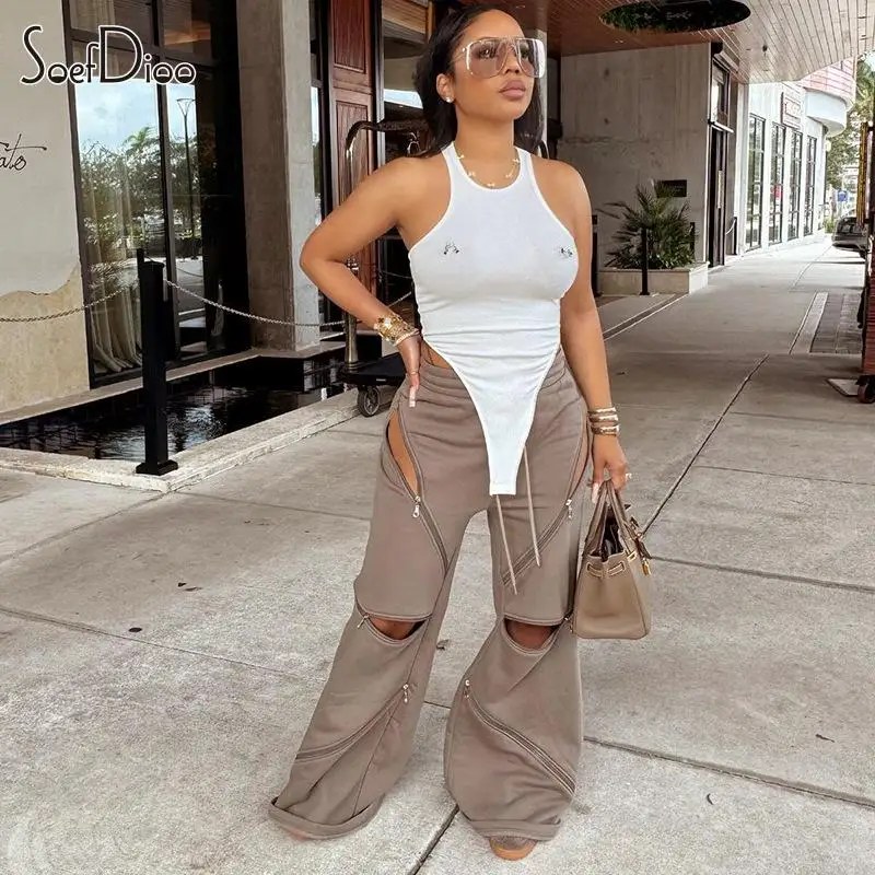 

Soefdioo Women Fleece Multi-Zip Sweatpants Casual Hollow Drawstring High Waist Wide Leg Pants 2025 Female Bottoms Y2K Streetwear
