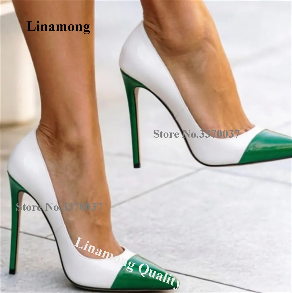 Linamong Charming Green Red Patent Leather Patchwork White Stiletto Heel Pumps Pointed Toe Slip-on 12cm Thin Heel Party Shoes