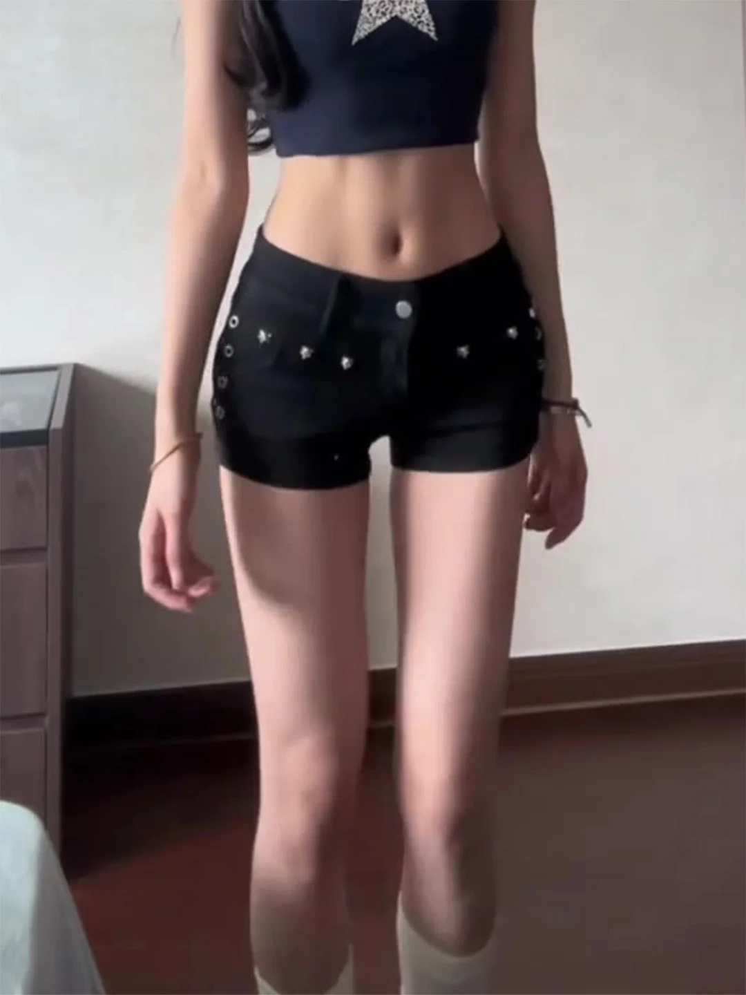 

Low Waist Rivet Denim Super Short Pants Women's Sexy Slim Fit Hot Shorts Retro Style Spring Summer New Arrival Black Jeans