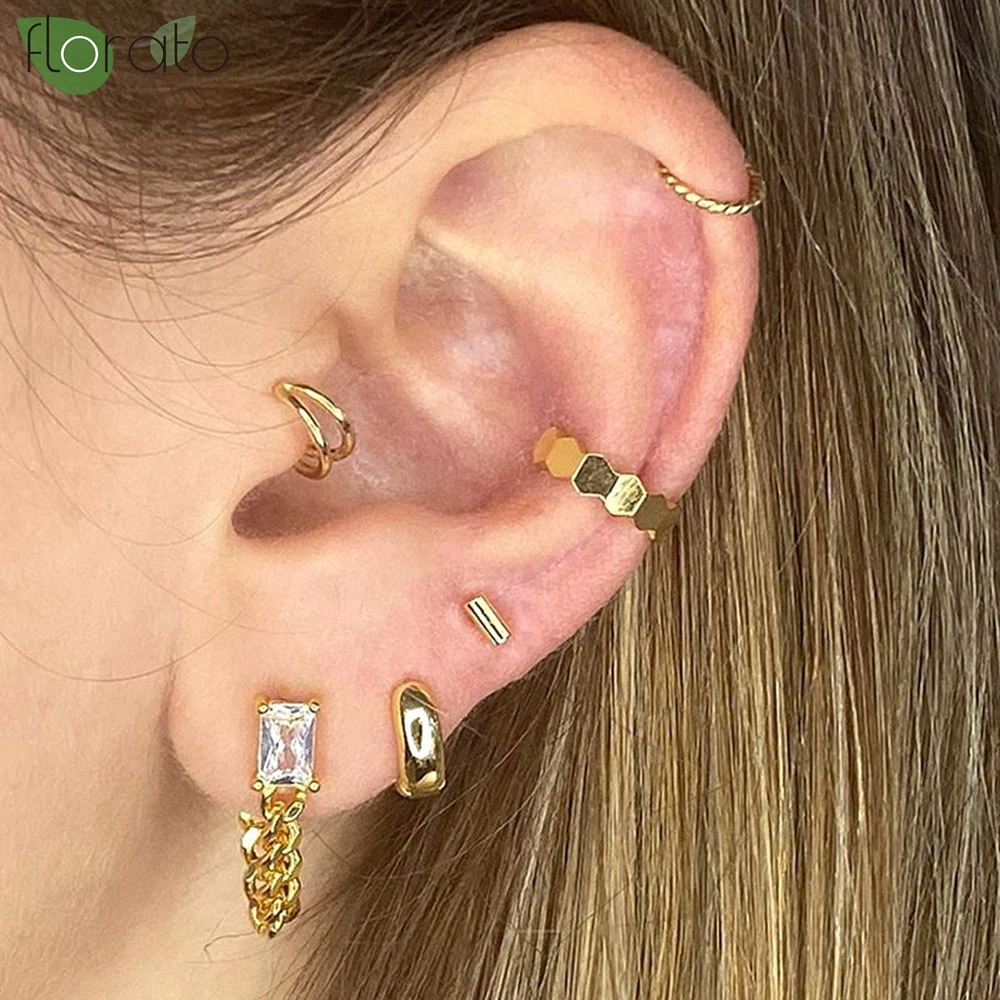 

925 Sterling Silver Needle Fashion Thick Chain Pendant Earrings Gold-Color Zircon Stud Earrings for Women Punk Jewelry Wholesale