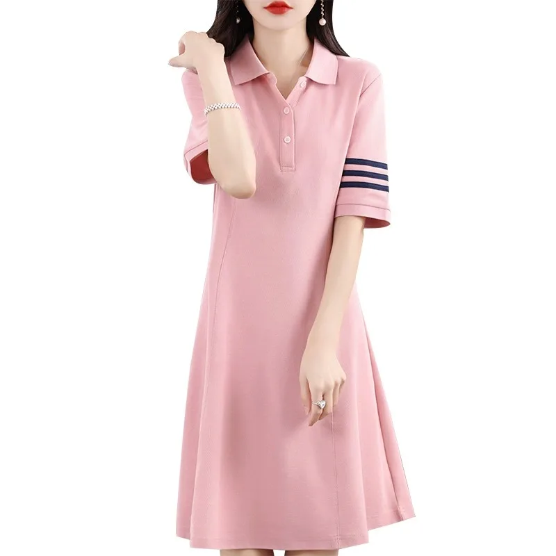 Été nouveau col pur coton ort Sve Dr femmes t-shirt barres minceur Midi a-ligne parapluie jupe taille haute