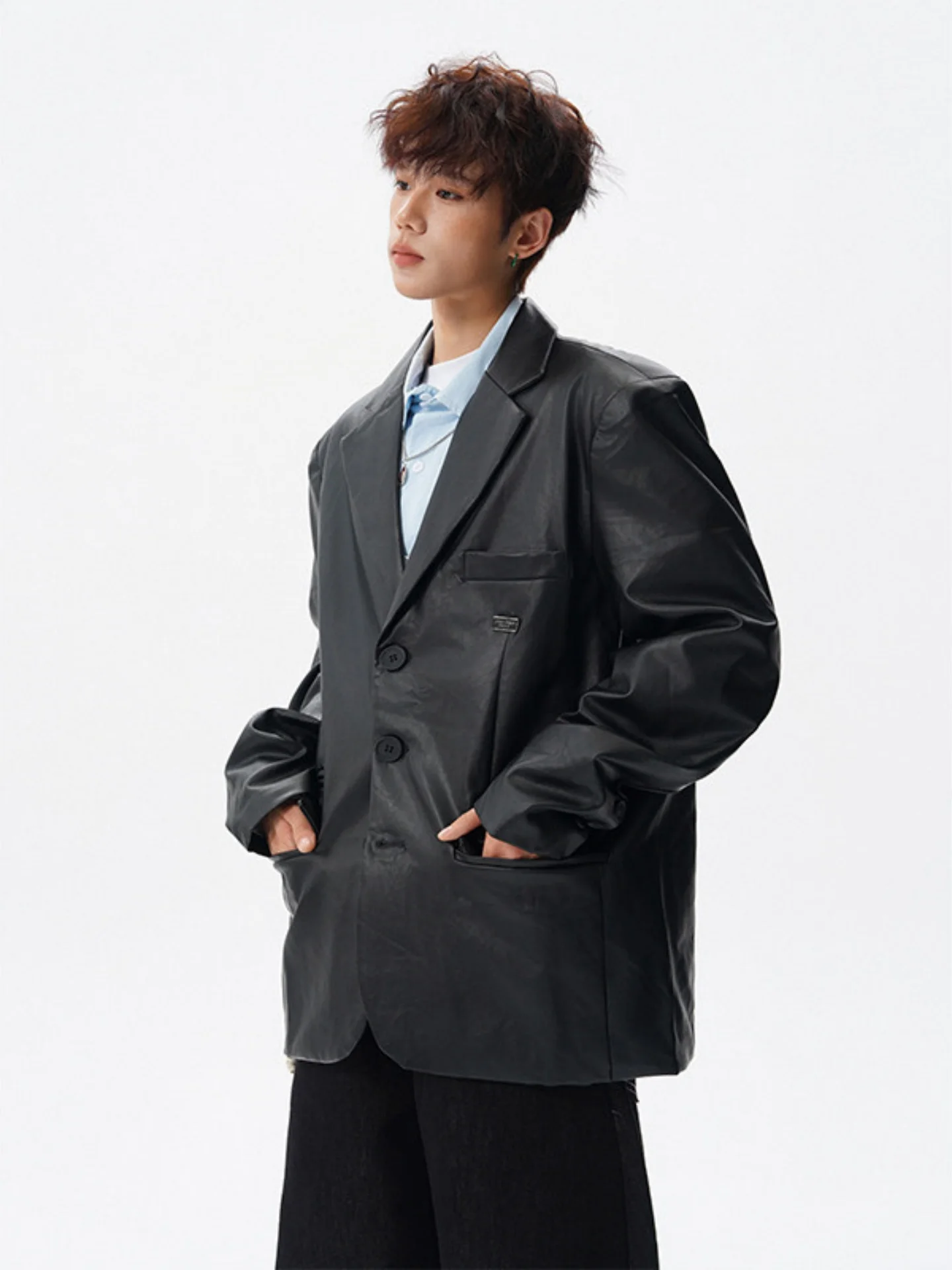 

Men's Casual PU Leather Suit Jacket Shoulder Padded American Style Autumn Winter New Fashion Retro Leisure Suiting Top