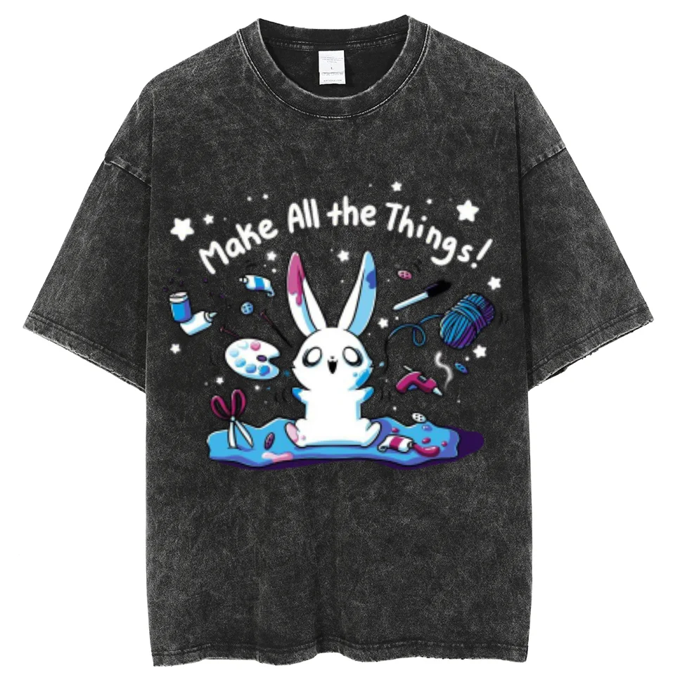 

2024 Vintage Washed Denim T-shirt Cute Rabbit Graphic Print Tees Casual Cool Unisex Top Commuting Comfort Basic Tshirt