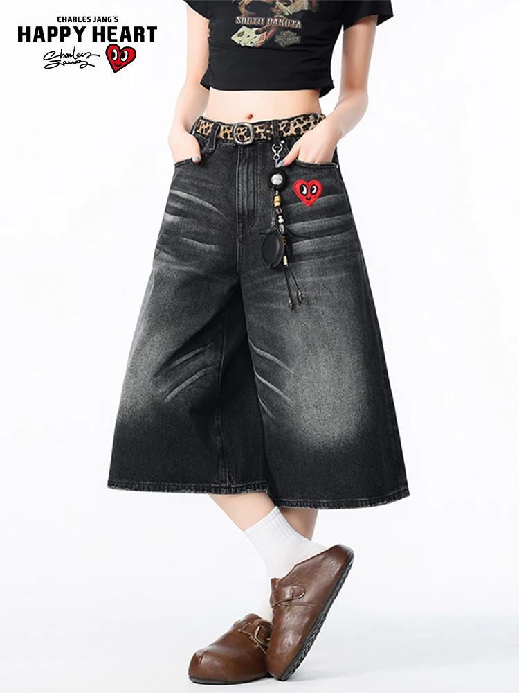 Calças Jeans Americanas Charles Heart de Cintura Alta e Perna Larga para Homens e Mulheres, Soltas, Estilo Casual, Respirávei...