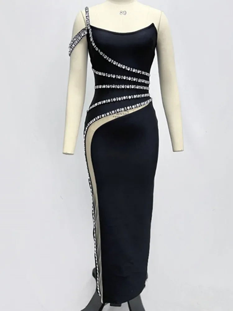 Robe de célébrité dos nu sans bretelles sexy pour femme, perles et diamants, robe maxi noire, longue batterie, bandage, anniversaire