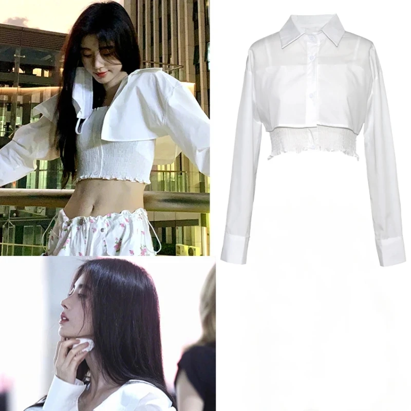 

Kpop Korean Women'S Group Performance Sexy White Lapel Short Shirts Sling Vest Slim Crop Tops Girls Concert Dance Stage Outfits