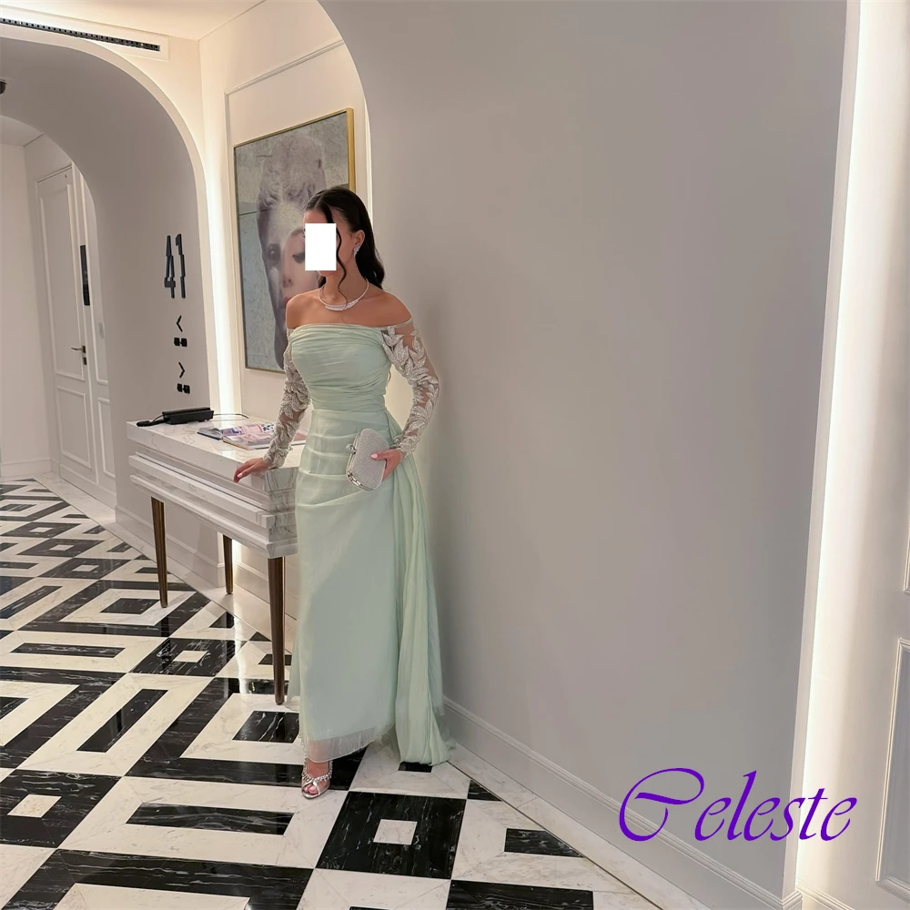 Gaun Malam Lurus Organza Lengan Panjang Bahu Terbuka Kustom Gaun Pesta Kristal Berkilau Gaun Acara Khusus