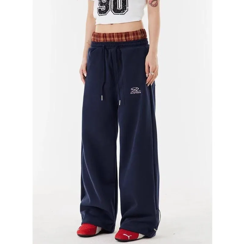 

Deeptown America Retro Casual Pants Woman Harajuku Sports Baggy Plaid Patchwork Trousers Korean Fashion Joggers Wide Pantalones