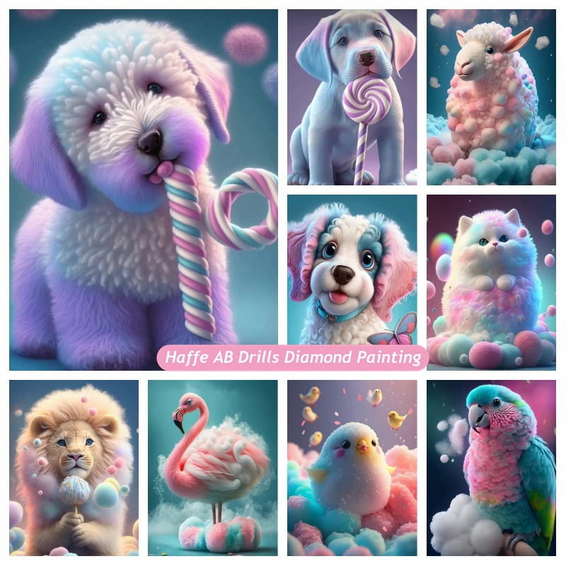 

Cute Candy Cane Terrier Dog Cat Animals AB Drills Diamond Painting Rainbow Cotton Candy Lion Sheep Chick Cross Stitch Decor