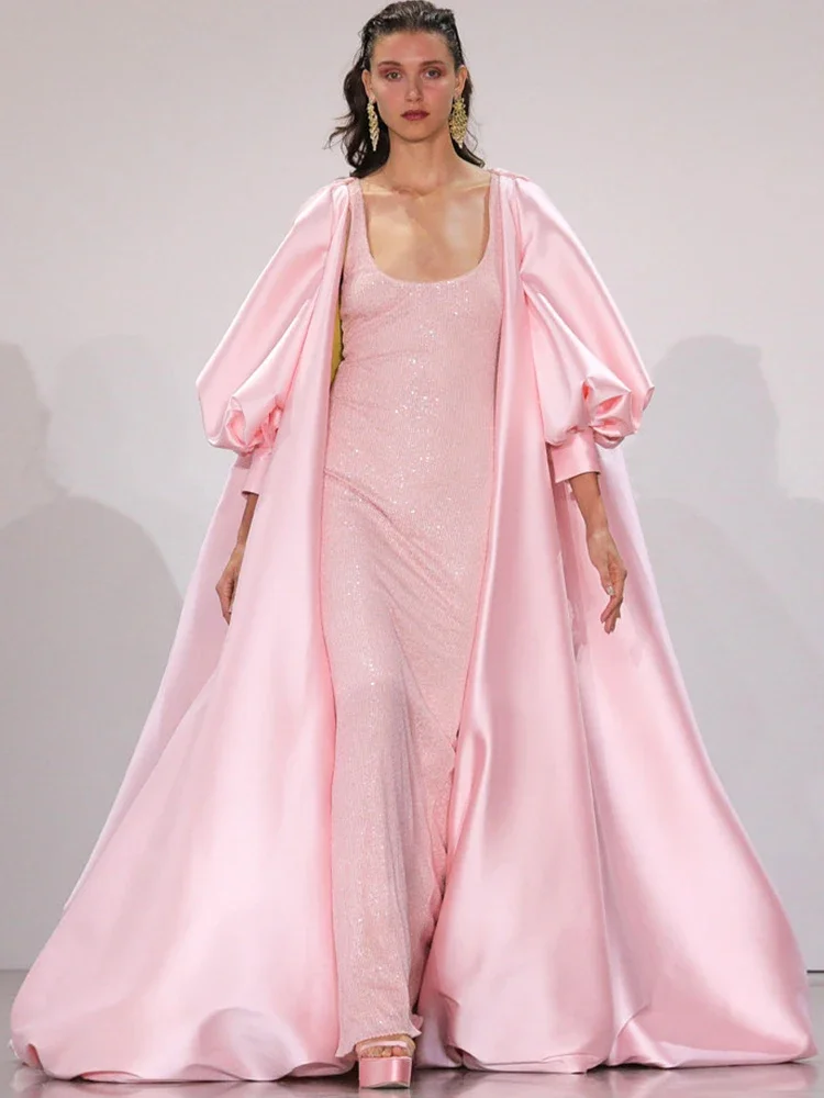 Veste de mariage rose à manches longues, Cape longue, manteau en Satin pour femmes Chic, enveloppe charmante