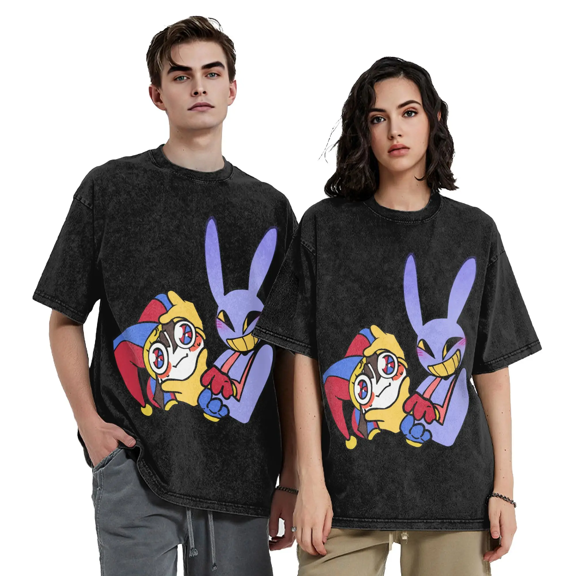 Pomni And Jax Cartoon Digitals Circus Washed T Shirts Streetwear Vintage T-Shirt Tees Men Women 100% Cotton Harajuku Printed