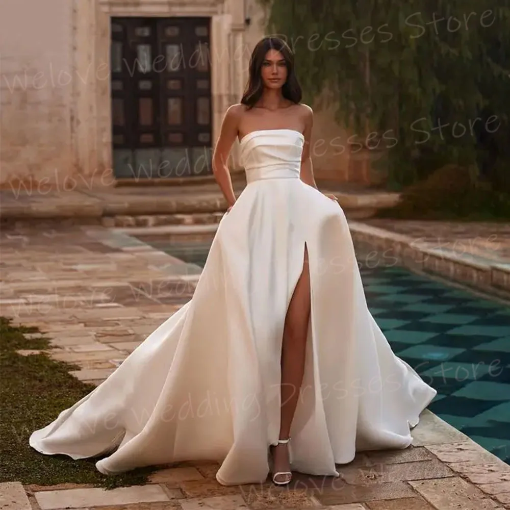 

Elegant A Line Women's Wedding Dresses Strapless Side Slit Vestidos De Novia Customized Bride Gowns Sleeveless Hochzeitskleid