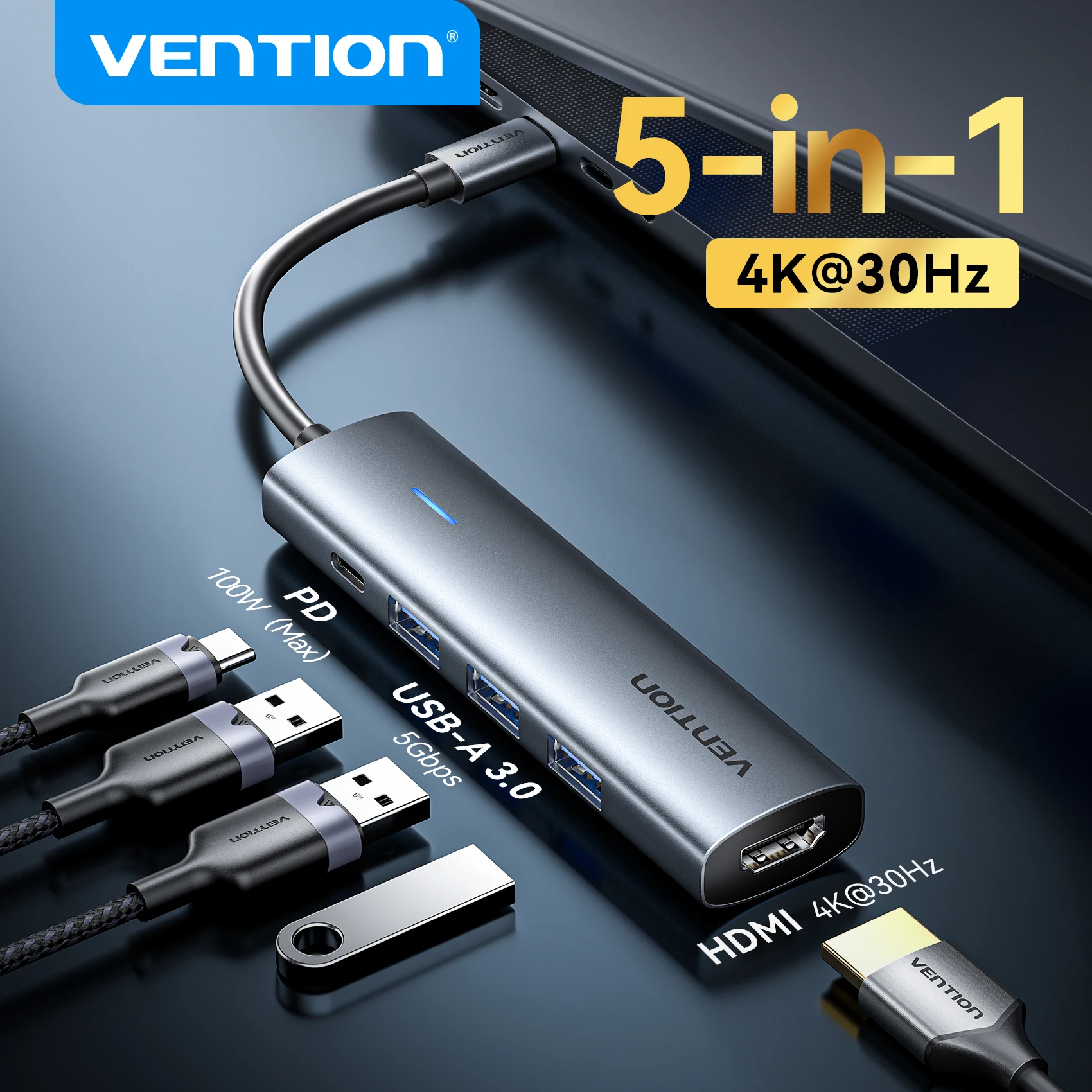 

Концентратор Vention 5 в 1 USB C на многопортовый адаптер 4K HDMI PD 100 Вт для ноутбука MacBook iPad Pro iPhone 16/15 USB 3.0 Док-станция