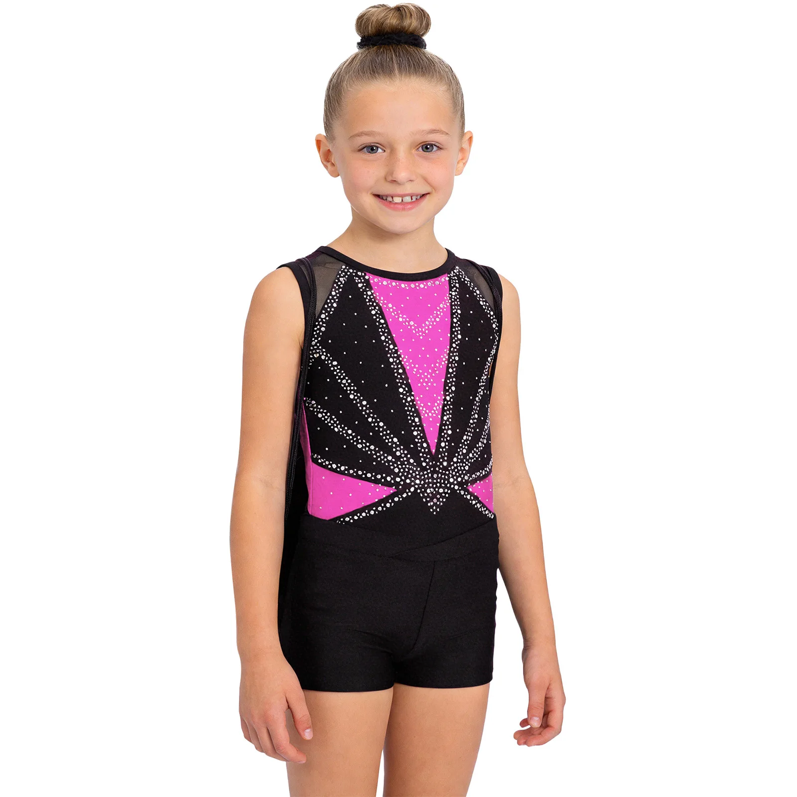 Kids Girls Gymnastics Figure Skating Acrobatics Dance Outfits Sleeveless Shiny Rhinestones Ballet Leotard with Shorts Backpack