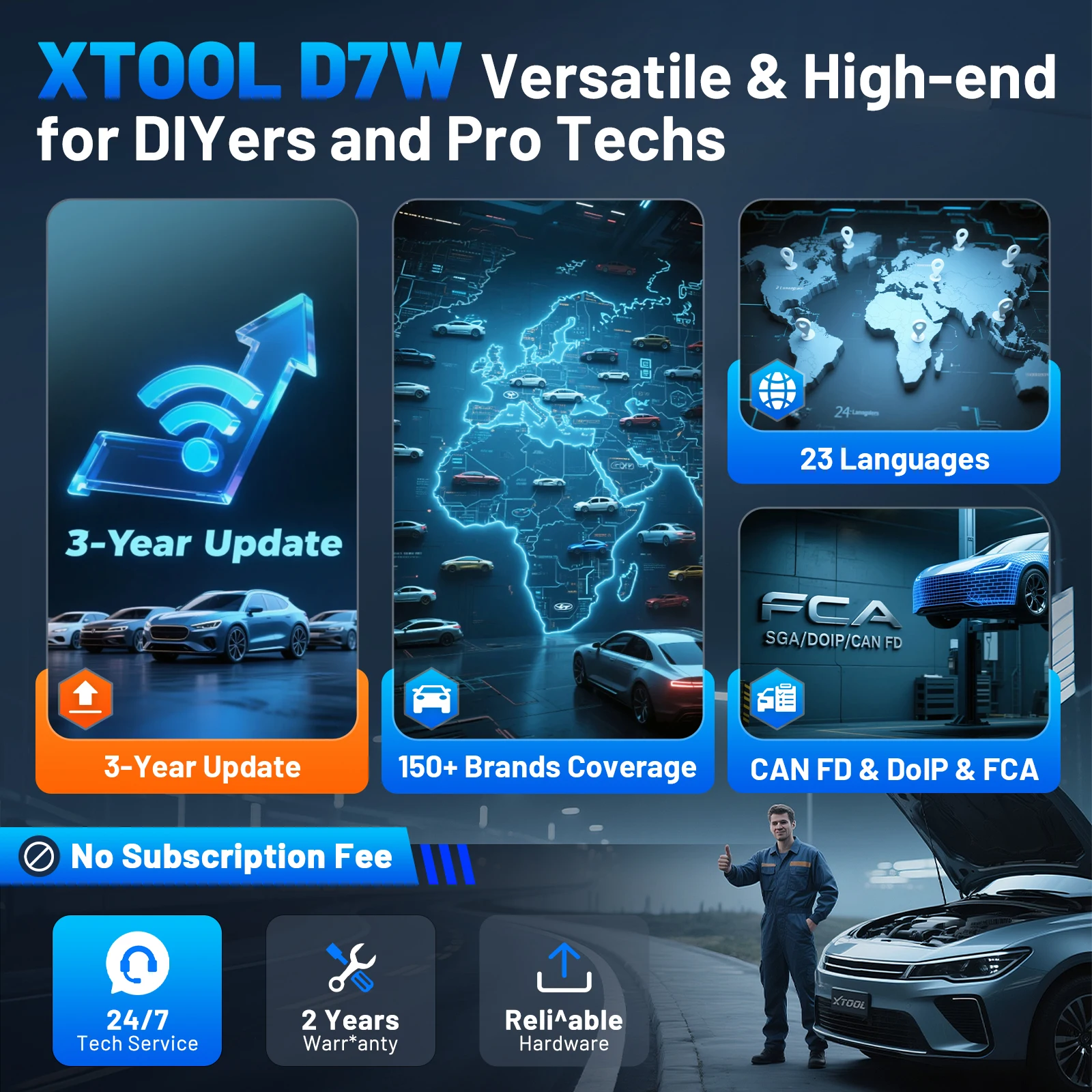 XTOOL D7W V2.0 OBD2 WIFI Scanner automatique sans fil outil de Diagnostic de voiture outil bidirectionnel de codage ECU avec 39 + réinitialiser FCA CANFD