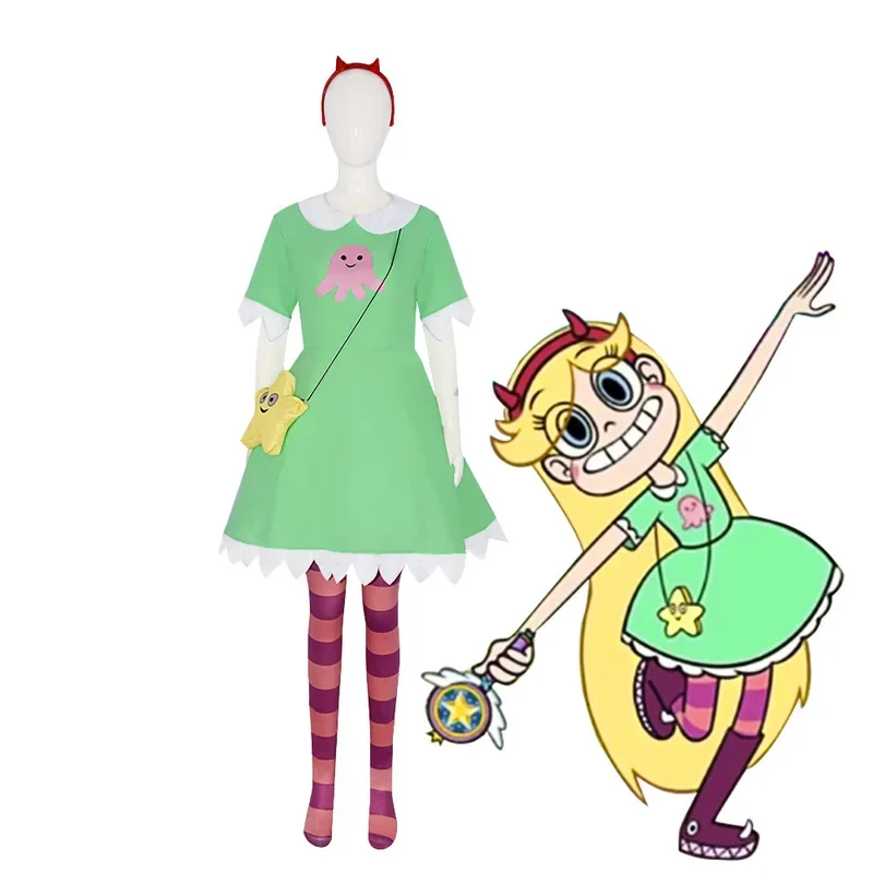 Anime Star vs. the Forces of Evil Cosplay Star Butterfly Green Dress Red headwear Socks Halloween Fancy Costume