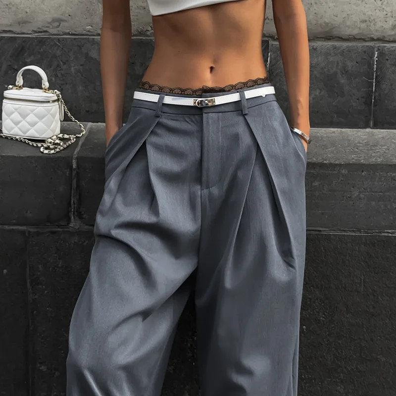 Calças de terno de costura de renda feminina europeia e americana outono luz urbana vento familiar cintura alta solta perna larga calças mop.