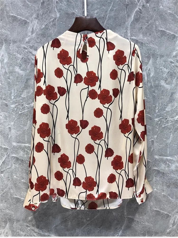 Top Quality New Silk Blouses 2025 Spring Style Women Red Floral Prints Pleated Pattern Long Sleeve Elegant Apricot Blouse Female