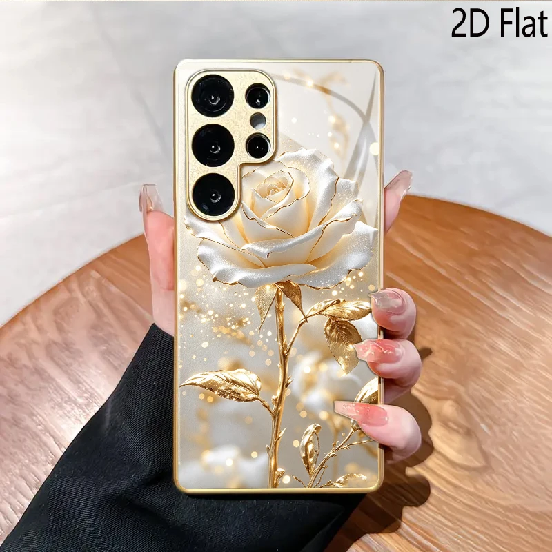 Platinum rose  PatternTempered Glass TPU Shockproof Full Cover For Samsung GalaxyS26 S25 S24 S23 UltraA55 A34 A14 A15Phone case