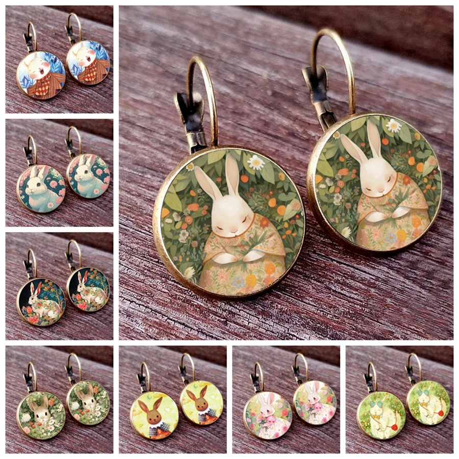 2024 New Painting Rabbit Earrings Cute Rabbit Animal Glass Cabochon Handmade Women\'s Jewelry Earrings I love little rabbits