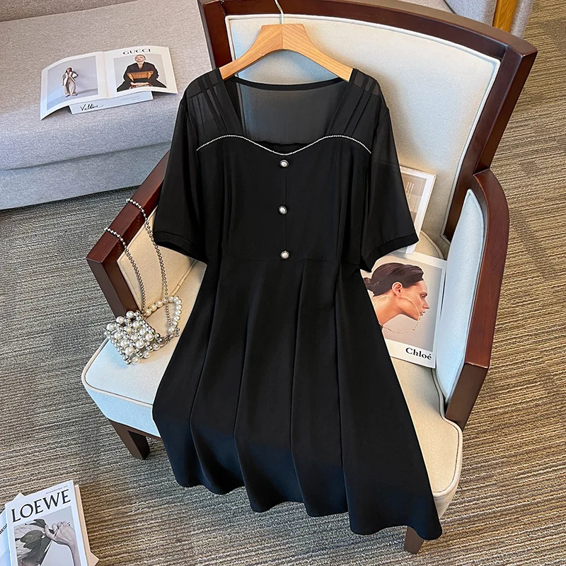 150Kg Plus Size Women's Bust 150 Summer Loose Black Dress With slash neck Dress Large size 5XL 6XL 7XL 8XL 9XL