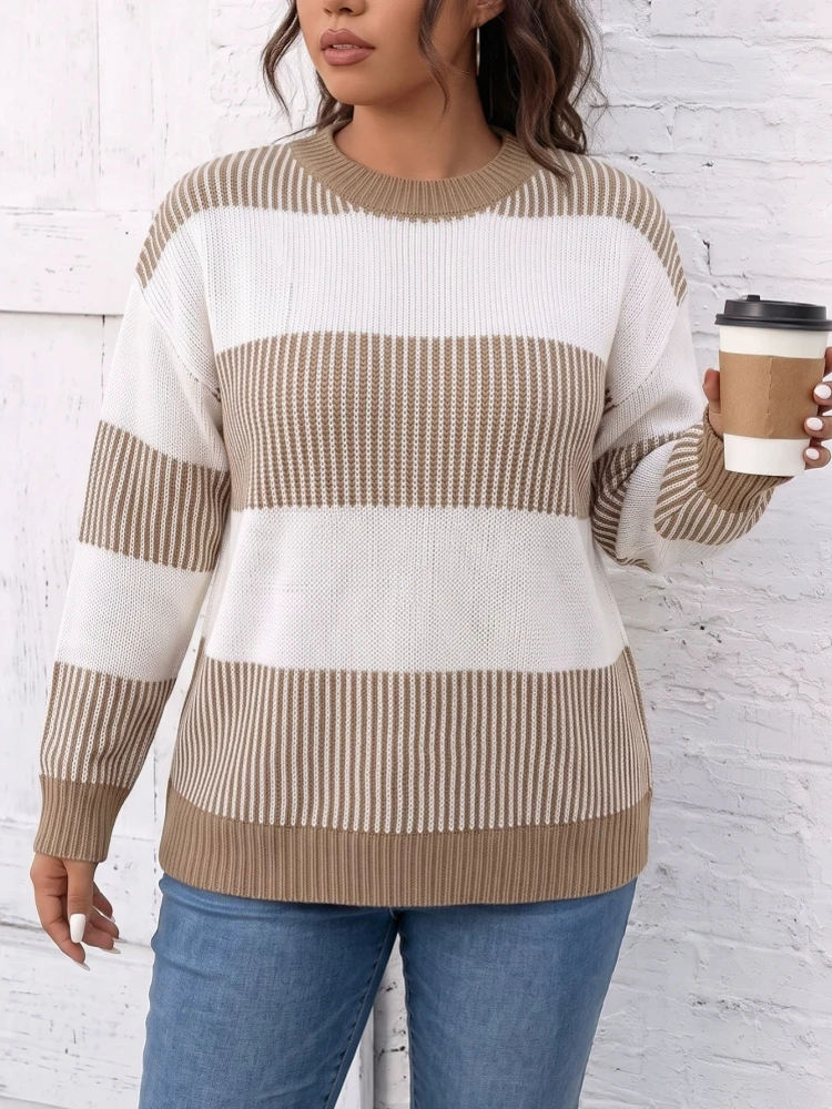 Plus Size Women's Fashionable Solid Color 0XL-3XL Sweater Pullover Tops Women's Cross O-Neck Long Sleeved Pullover Sweater