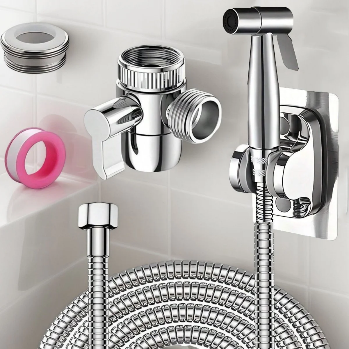 Stainless Steel Handheld Bidet Sprayer Kit with Two-Way Diverter Valve 1.5m Shower Hose Wall Holder for Toilet Bathroom Cleaning