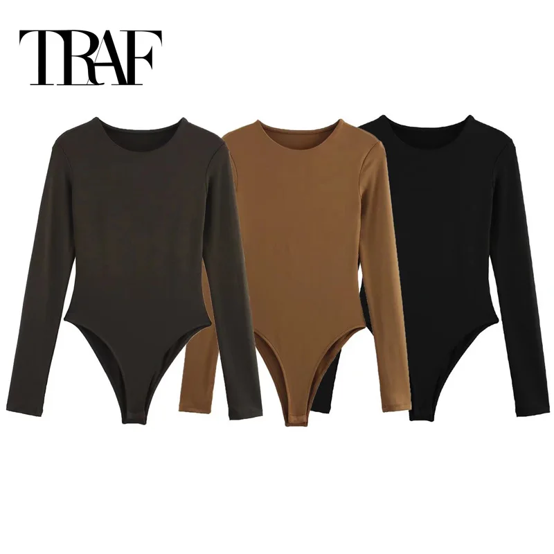 TRAF Bodysuit Women Sexy Woman Bodys Women's Long Sleeve Bodysuit Black Brown Coffee Top Women Rave Thong Spandex Bodysuit 2025