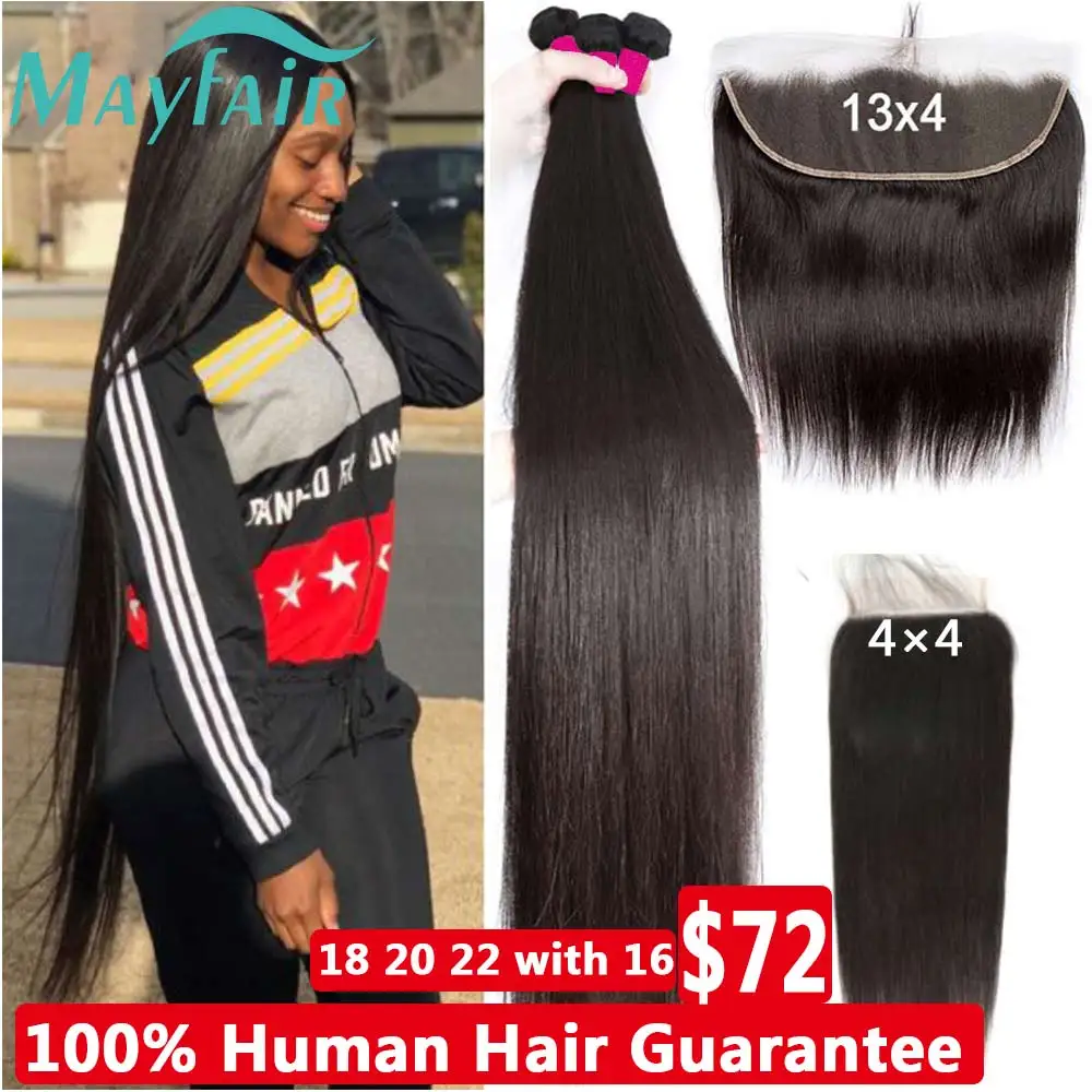 

4X4 Lace Closure And 13x4 Lace Frontal Straight Brazilian Weave1/3 Bundles With Closure 30 32 Inch Human Hair Bundle