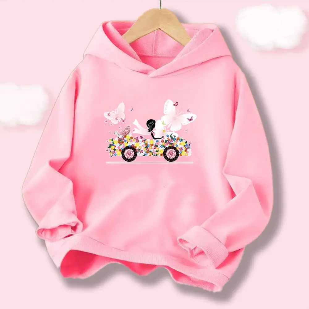 Fashion Girls' Hoodie Sweet Fairy Butterfly Flower Car Graphic Print Pullover Hooded Sweatshirt Cotton Thin Tops