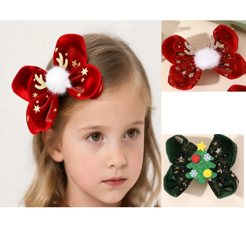 

2Pcs/ Vintage Velvet Christmas Hair Clips-Glittering Antler&Bow Design for Girls Holiday Party accesorios del cabello para niños