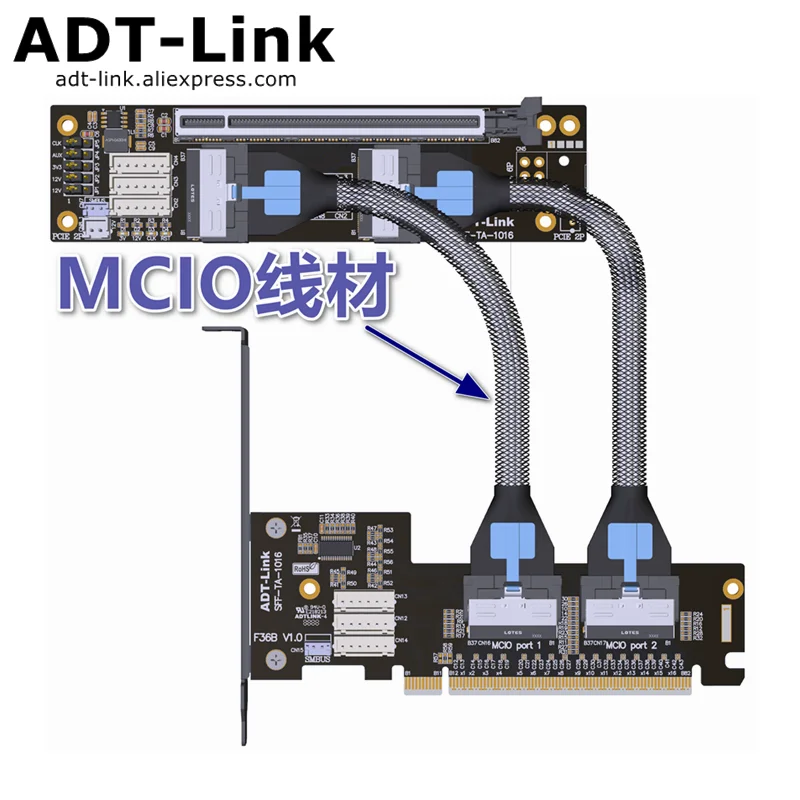 

Переходная карта адаптера PCIe X16 к Quad X4, раздвоенный удлинительный кабель графической карты PCIe X16 X8 X8 MCIO