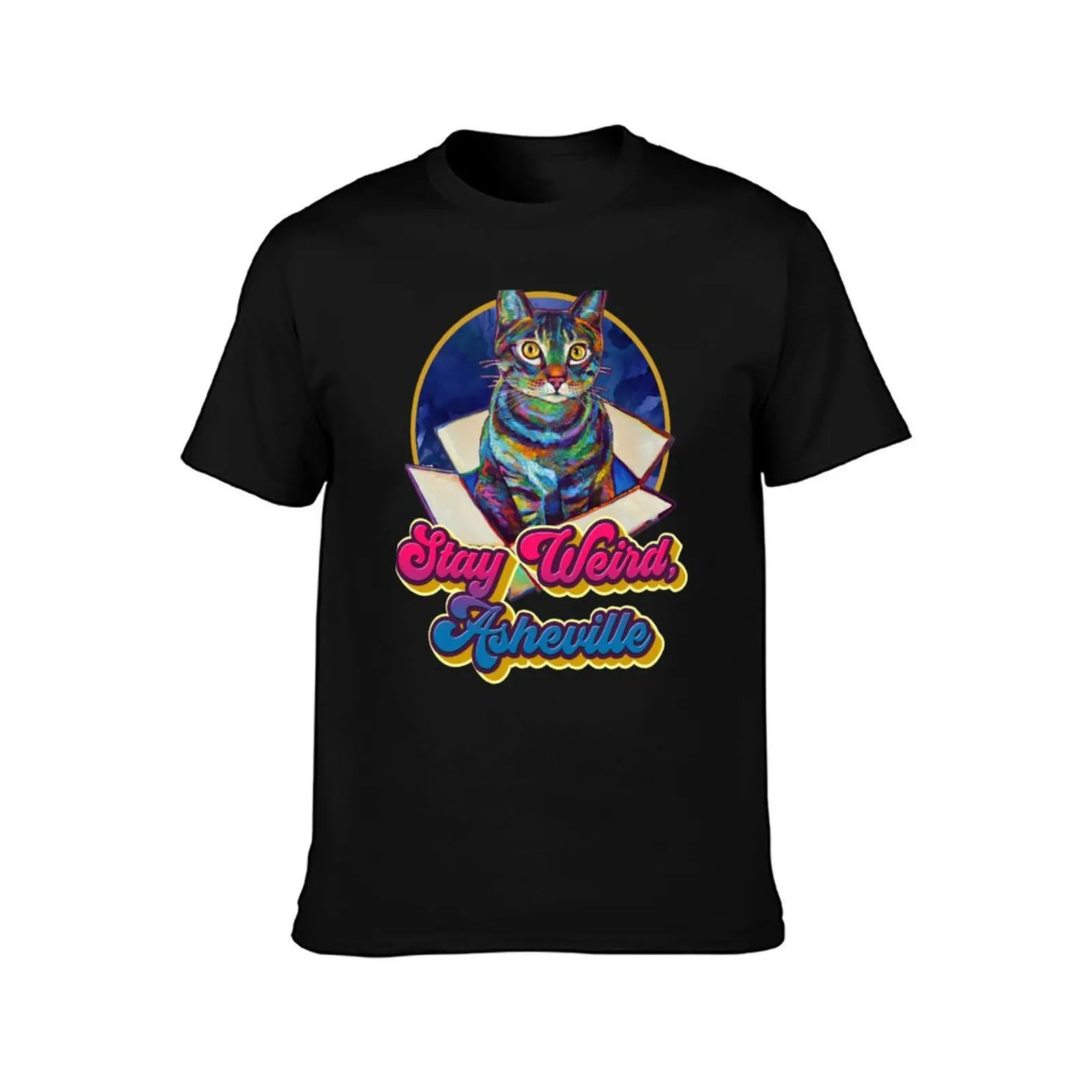 STAY WEIRD, ASHEVILLE Cosmic Cat in a Box by Robert Phelps T-Shirt Dry Fit Athletic Short Sleeve Shirt T-Shirt