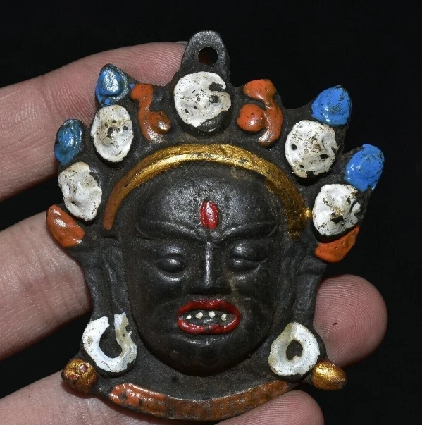 6CM Old Tibet Bronze Painting Mahakala Wrathful Deity Buddha Head Amulet Pendant