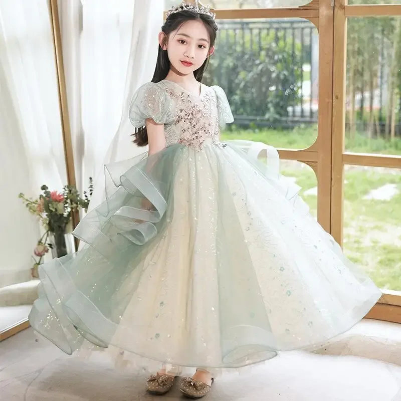 

Classic V-Neck Bubble Sleeves Girl Princess Dress Children Tulle Evening Dresses Trend Performance Costume for Kids Girls