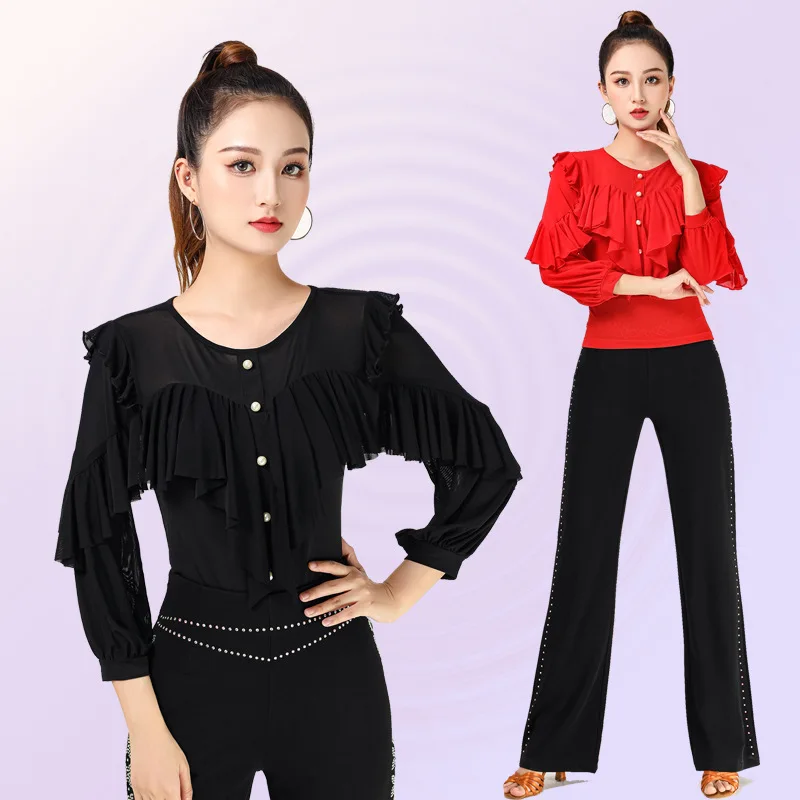 

Latin dancer top modern long sleeved social flying sleeves beautiful fashionable dance clothes ballroom