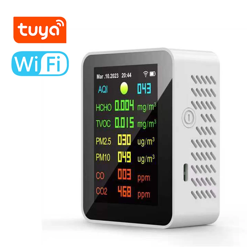 Tuya WIFI 7in1 Air Quality Detector HCHO CO CO2 PM2.5 PM10 TVOC AQI Testing Time Date Display Semiconductor Sensor Air Analyzer
