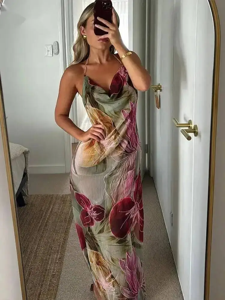 Herbst Ankle-Länge Sexy High Street Kleid Mädchen Druck Schlank Spaltung Backless Mode Robe Mode Sexy Frauen Kleider M7SM