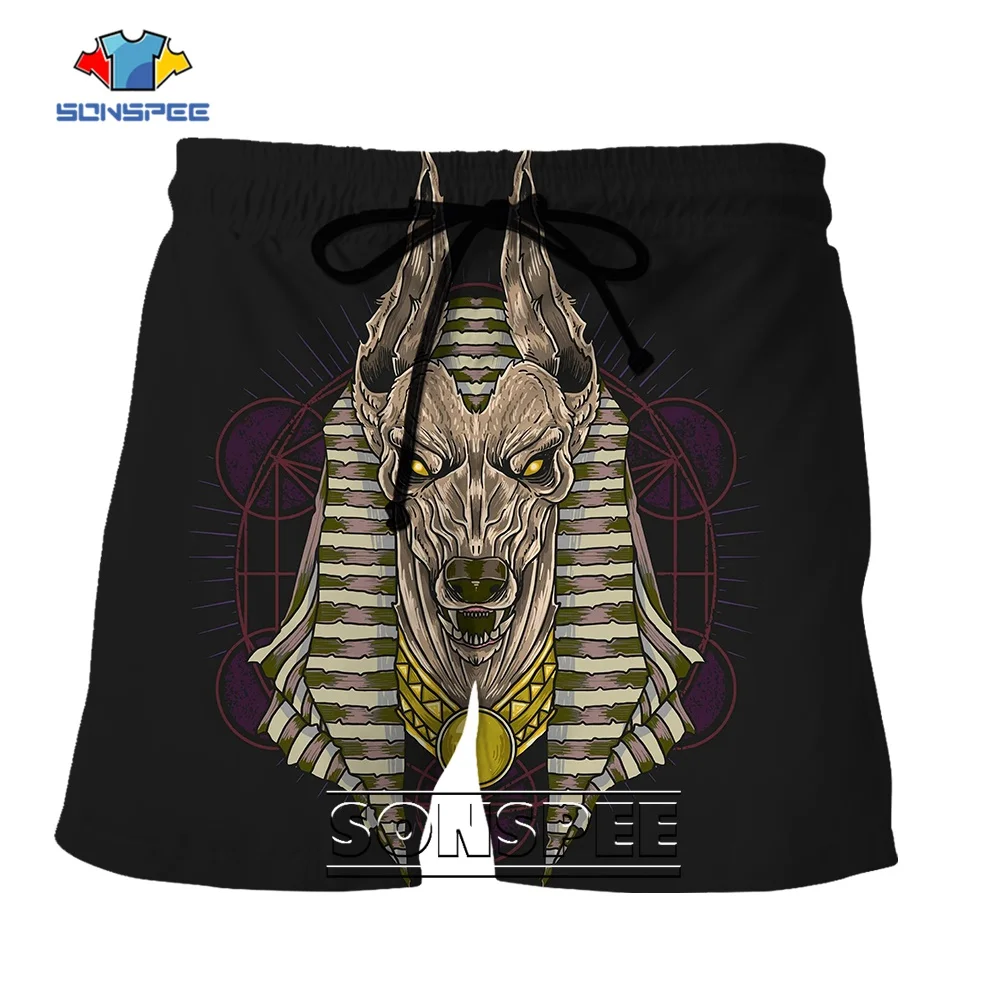 SONSPEE Vintage Anubis graficzne 3D spodenki z nadrukiem letnie Stereo Casual Style męskie damskie plażowe hip-hopowe krótkie spodnie Oversize