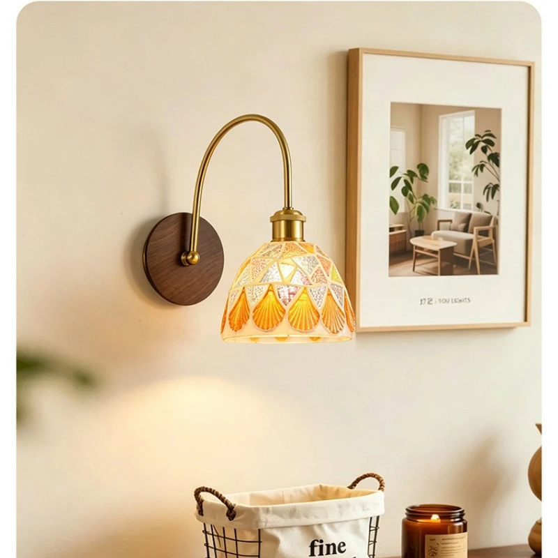 French Glass Shell LED Wall Lights Nordic Modern Bedroom Aisle Kitchen Tiffany Style Home Decoration Copper Socket Wood Sconces