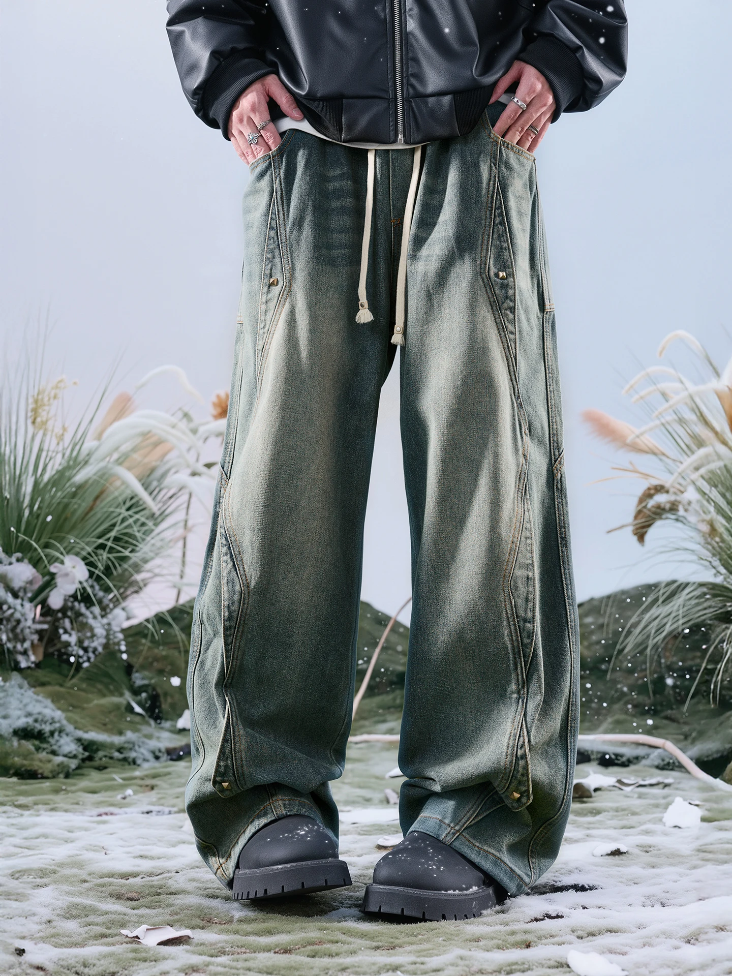 

Nuthink American Sle Loose Waed Wide Leg Jeans Scythe Pants Splicing Vintage Men's Spring 2026 Casual Straight Loose Fit