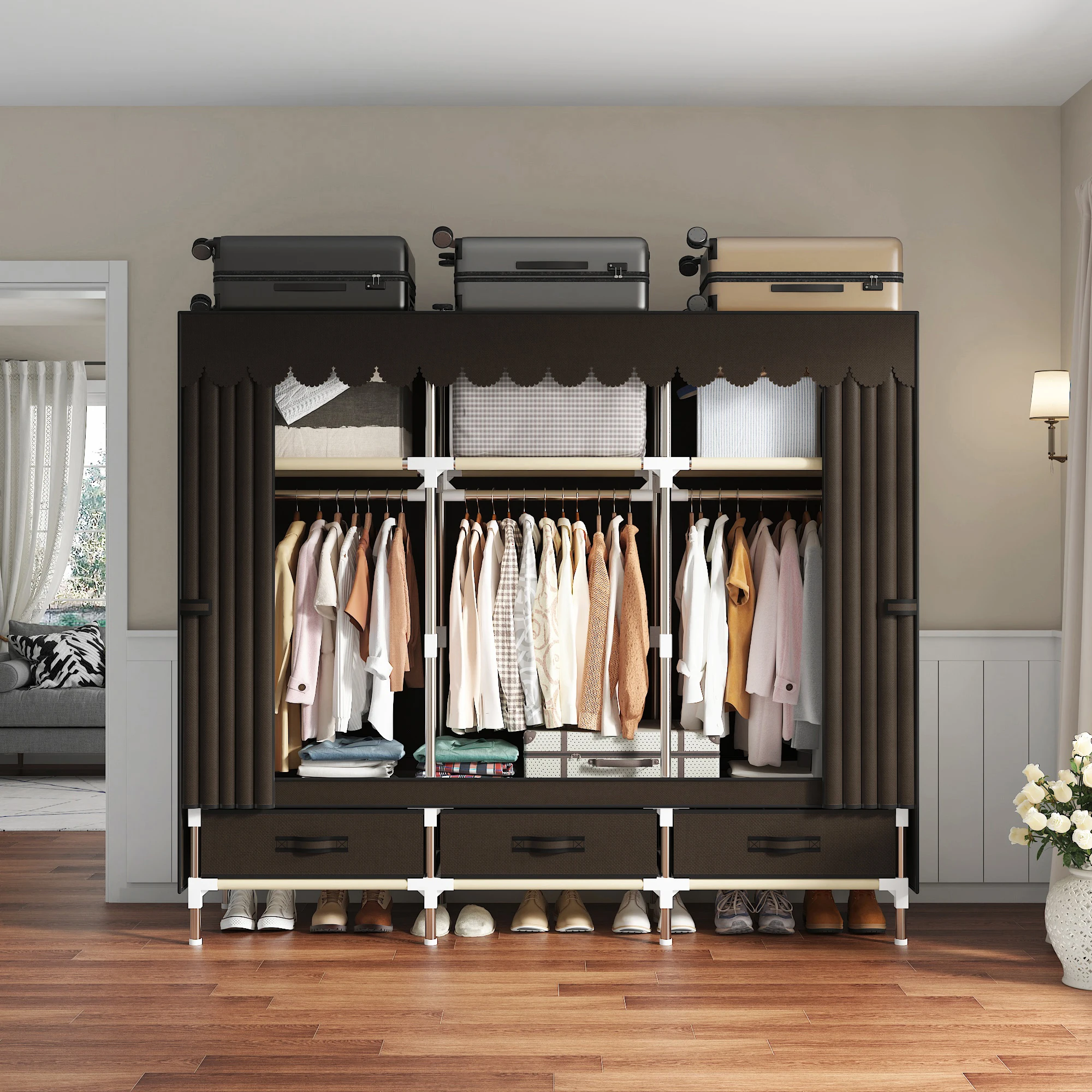 Portable Wardrobe Closet with Steel Frame Non-Woven Fabric Dust Cover - Includes Storage Compartment And Drawers for Bedroom