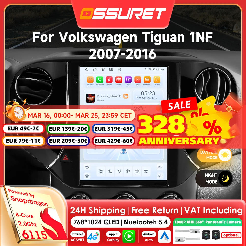 9,7-Zoll-Carplay Android 14 Autoradio für Volkswagen Tiguan 1NF 2007-2016 Multimedia-Player GPS 360-Grad-Kamera Bildschirm mit Snapdragon 8-Kern-Prozessor