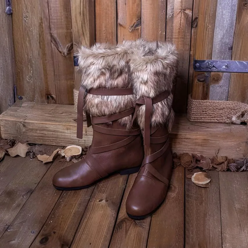 Vintage Medieval Fur Trim Mid Calf Boots Men Renaissance Brown PU Leather Wrap Style Boot Cosplay Halloween Party Cosplay Shoes