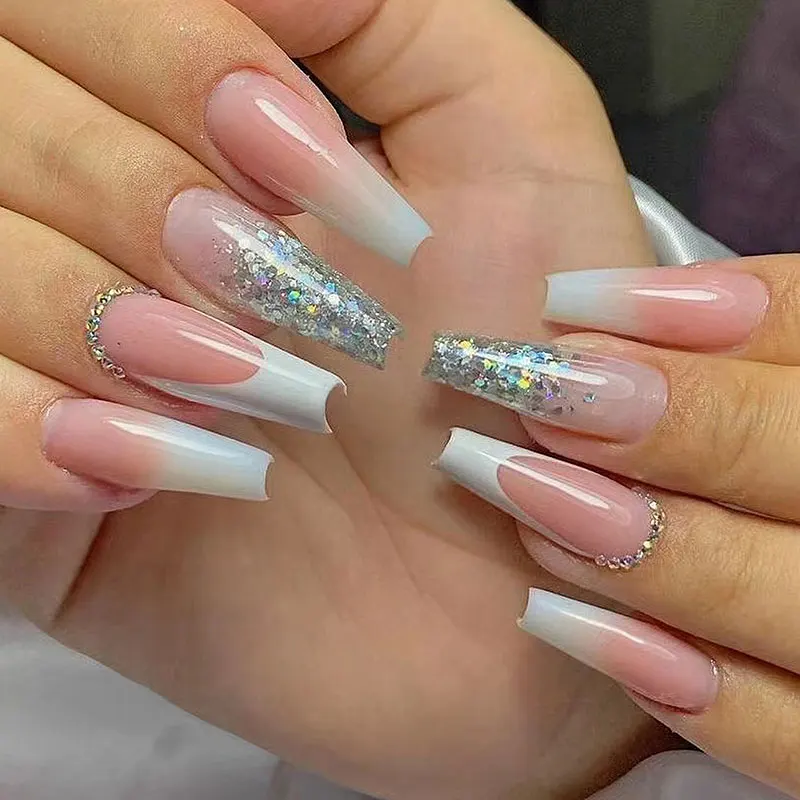 24 szt./pudełko francuski styl biała krawędź sztuczne paznokcie różowy i biały diament w kropki gradientu proszek brokatowy do paznokci manicure