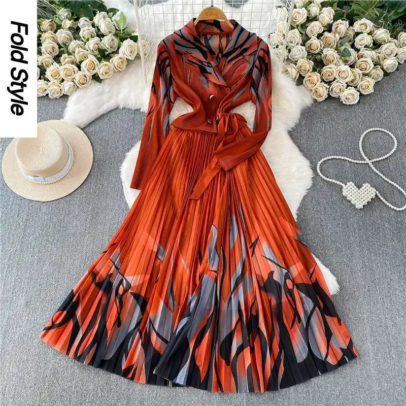 2026 Commuter Style Printing Pleated Dress Women's Long-sleeved V-neck Waist A-word High-end Temperament Wear Long Dress