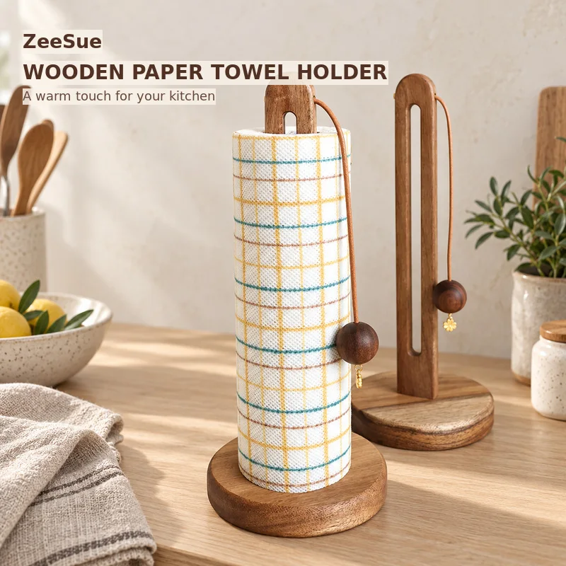 ZeeSue Freestanding Wooden Paper Towel Roll Holder with Natural Wood Grain, Decorative Bead Cord and Stable Round Base for Count
